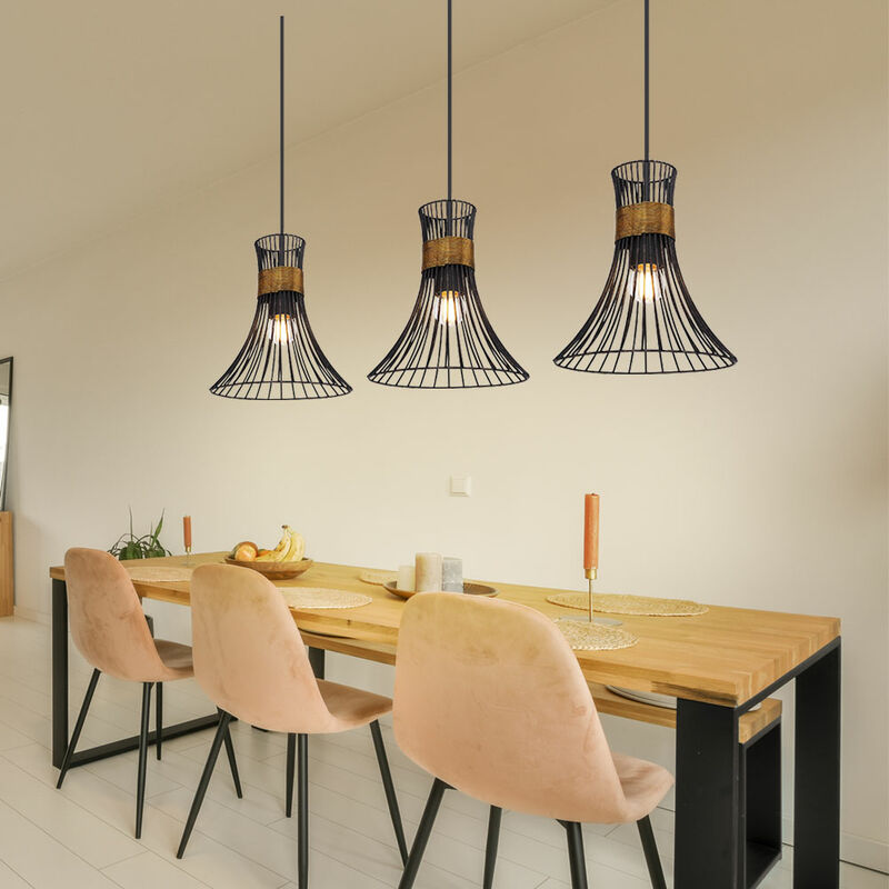 foto del prodotto lampada da soffitto lampada a sospensione con paralumi a traliccio lampada a sospensione a 3 fiamme in nero oro, metallo, 3x e27, lxpxh 80x22x120cm,
