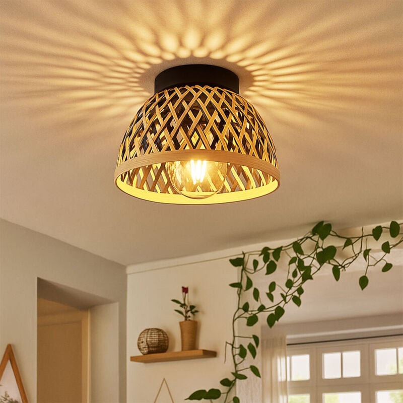 foto del prodotto lampada da soffitto lampada da camera da letto in stile boho marrone bamb , paralume intrecciato naturale, legno metallo nero, 1x e27, dxh 20x17,5 cm