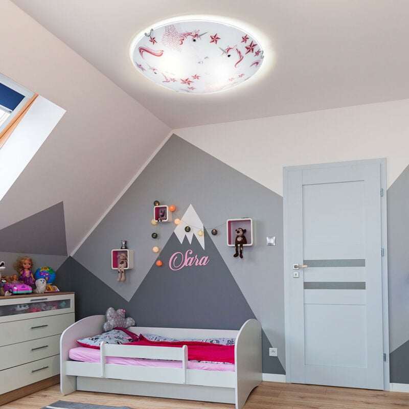 foto del prodotto lampada da soffitto lampada da soffitto a led per bambini lampada da soffitto per ragazze cameretta rotonda, vetro unicorno stelle bianco rosa, 16w