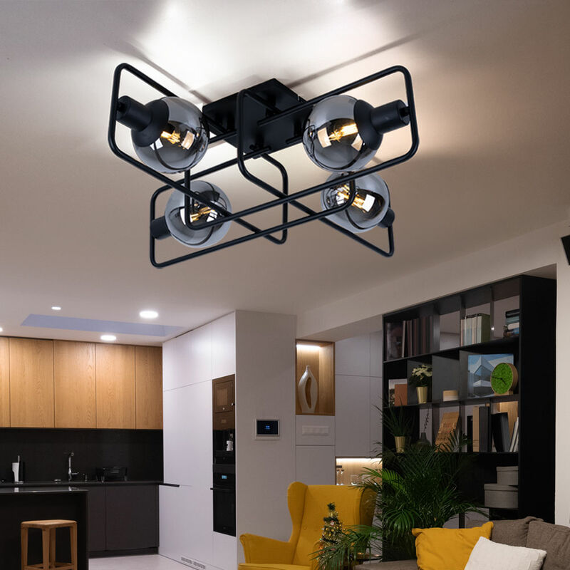 foto del prodotto lampada da soffitto lampada da soffitto industriale nera retr lampada da soggiorno color fumo sfere di vetro, metallo, 4 fiamme e14, lxpxh 61x61x20