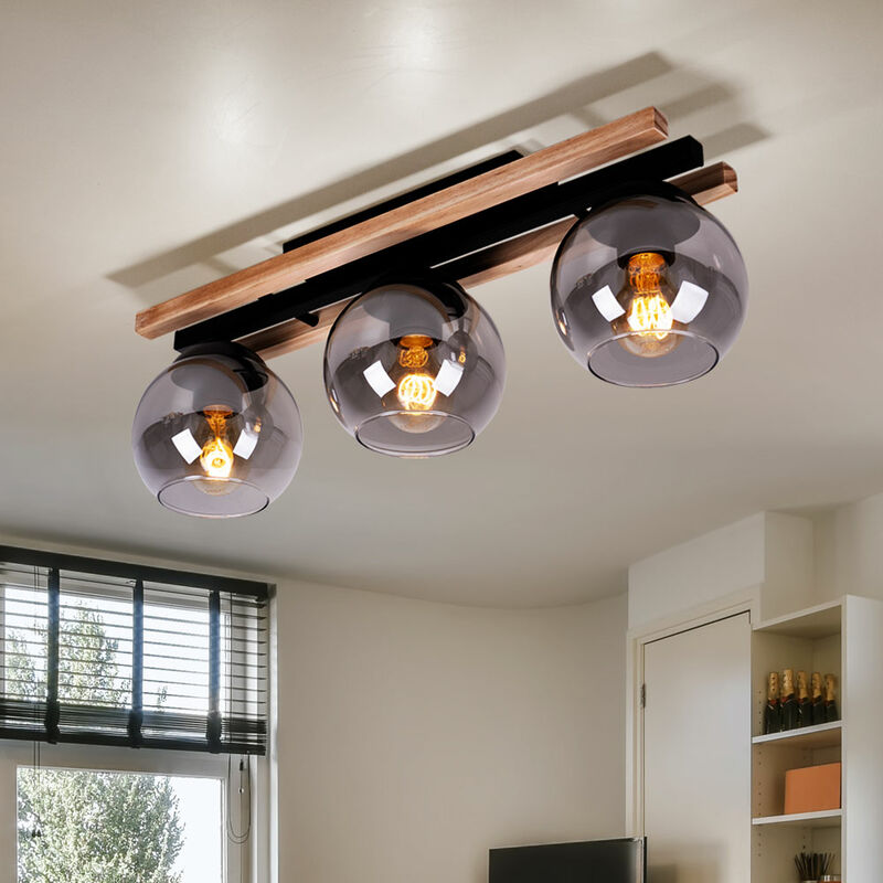 foto del prodotto lampada da soffitto lampada da soffitto lampada da soggiorno lampada da sala da pranzo, metallo legno rovere nero fum , 3 fiamme, e27, lxh 60x20,5 cm