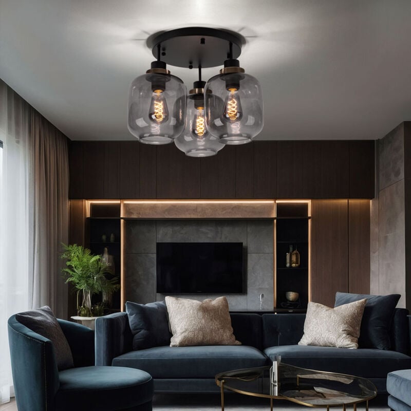 foto del prodotto lampada da soffitto lampada da soffitto tavolo da pranzo nero lampada da corridoio lampada di design 3 fiamme paralume in vetro fum , metallo opaco,