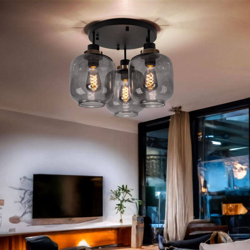 foto del prodotto lampada da soffitto lampada da soffitto tavolo da pranzo nero lampada da corridoio lampada di design 3 fiamme paralume in vetro fum , metallo opaco,