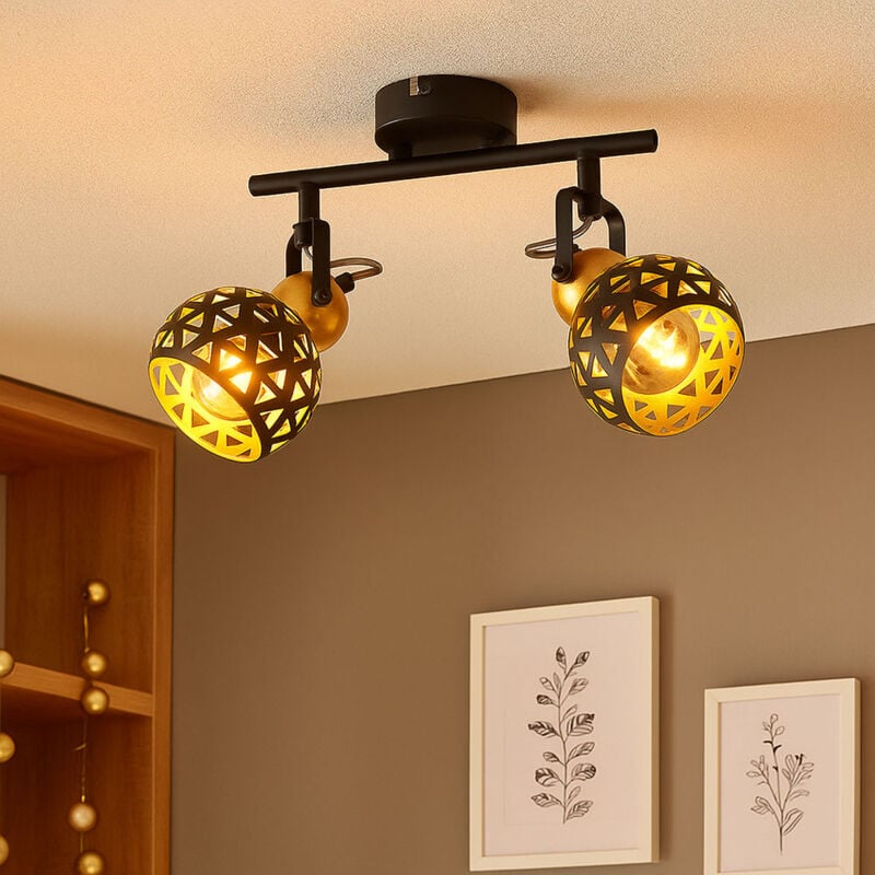 foto del prodotto lampada da soffitto metallo oro nero faretto da soffitto 2 fiamme lampada da soffitto con faretti orientabili, metallo, fantasia, 2 prese e14, lxpxh