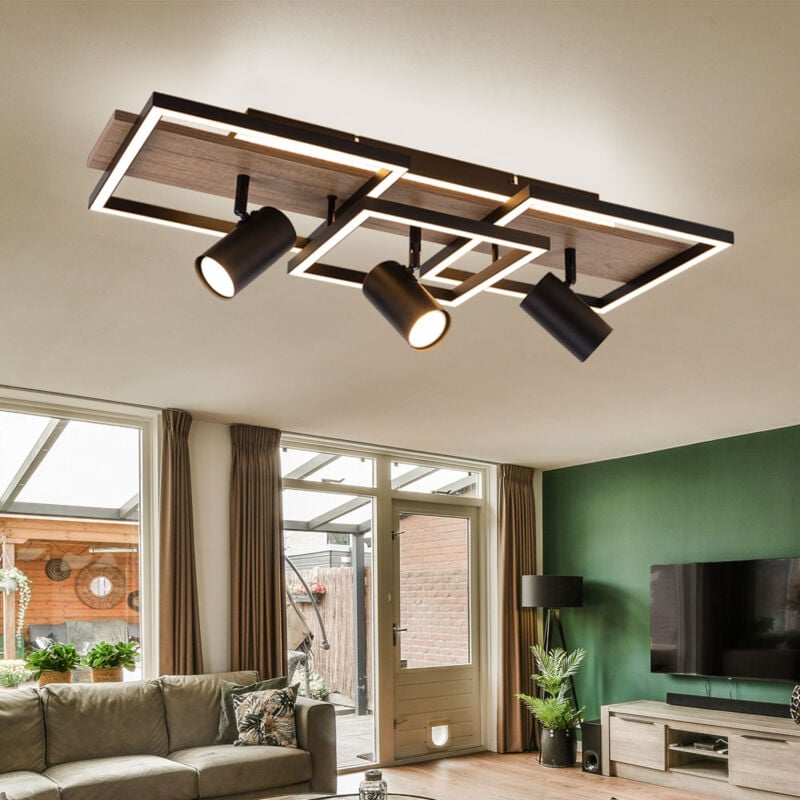 foto del prodotto lampada da soffitto nera per camera da letto moderna faretto da soffitto a 3 luci gu10, led effetto legno memory, metallo, led 48w 2300lm 3000k,