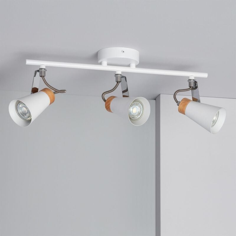 foto del prodotto lampada da soffitto orientabile in metallo e legno 3 faretti mara bianco
