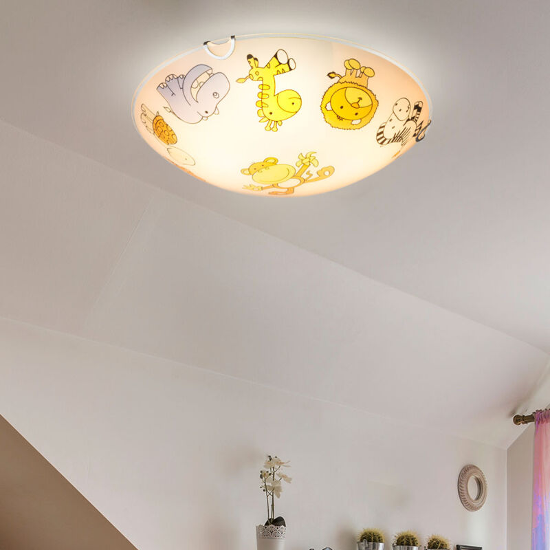 foto del prodotto lampada da soffitto per bambini in vetro lampada per cameretta rotonda, vetro colorato con motivi di animali, 2x e27, dxh 30x6,5 cm