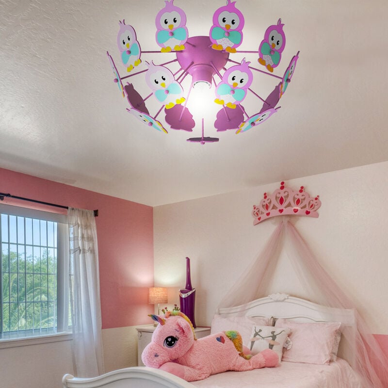foto del prodotto lampada da soffitto per bambini lampada da soffitto per bambini a led rosa, gufi, legno metallo, 11w 1055lm bianco caldo, dxh 41,5x18 cm