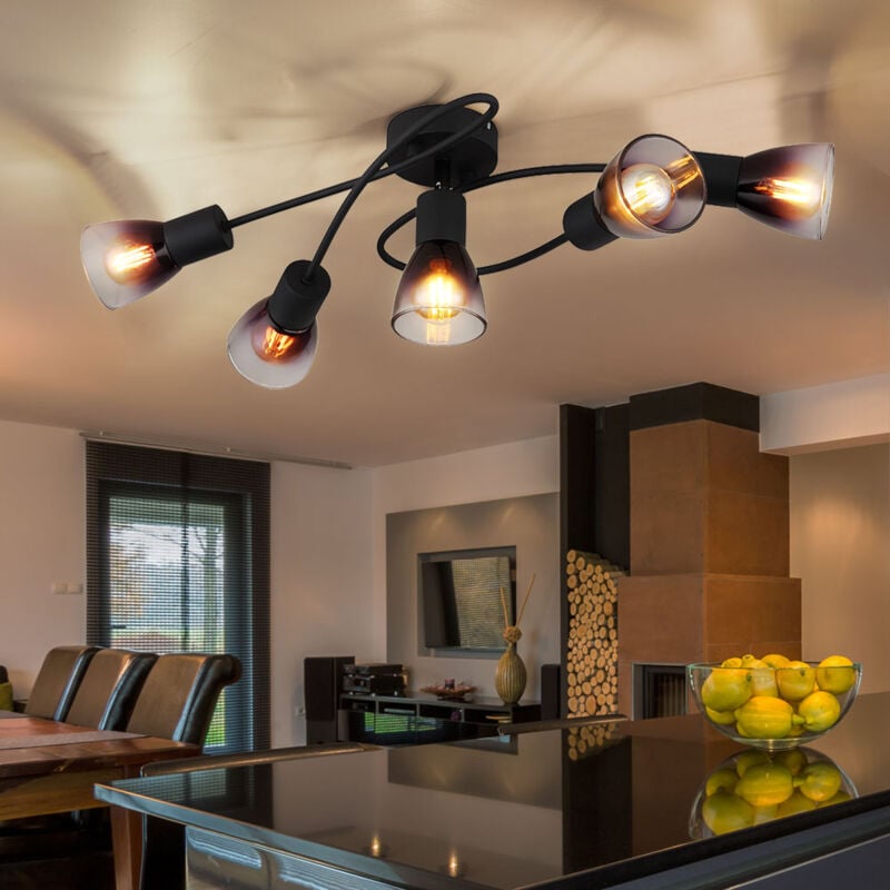 foto del prodotto lampada da soffitto plafoniera a 5 luci lampada da soggiorno nera lampada da camera da letto, vetro trasparente color fumo, 5x e14, lxh 58 x 16,5 cm