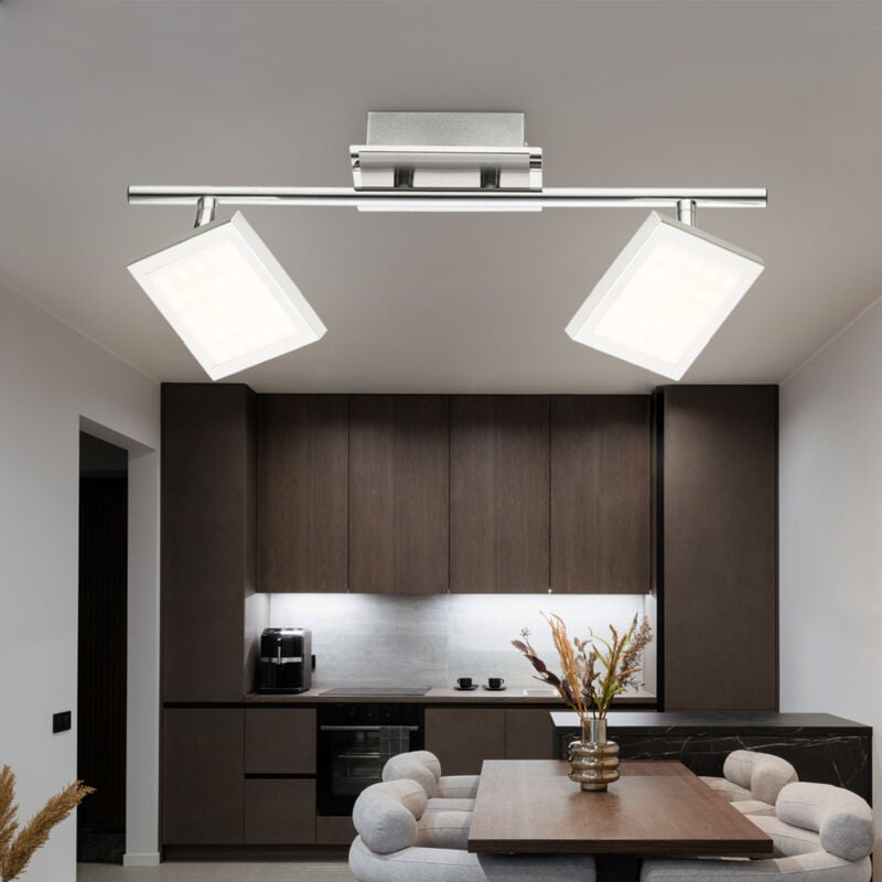 foto del prodotto lampada da soffitto plafoniera a led con punti mobili satinati lampada cromata, 2 punti fiamma mobili, 2x led 6watt 318 lm, lxpxh 40x9,5x13cm