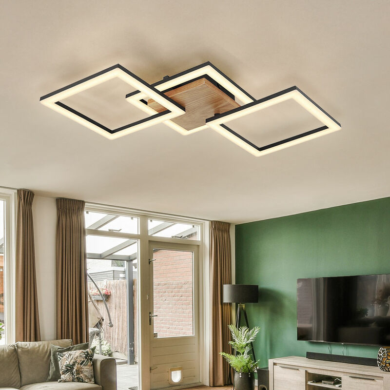 foto del prodotto lampada da soffitto plafoniera a led in legno orientabile per soggiorno plafoniera nera, metallo opalino, 30w 2200lm bianco caldo, lxlxa 66x31x7,5 cm