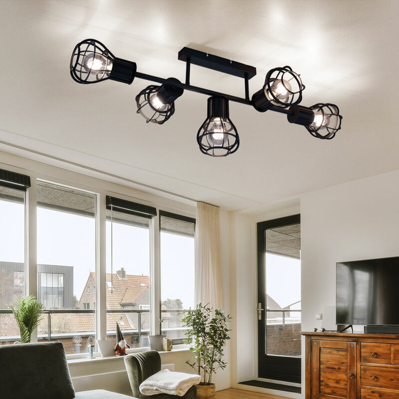 foto del prodotto lampada da soffitto plafoniera faretto sala da pranzo effetto gabbia 5 lampade da soffitto a fiamma, metallo nero, 5x attacco e27, lxlxh 90x37x30 cm
