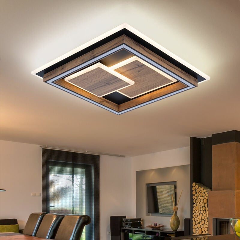 foto del prodotto lampada da soffitto plafoniera soggiorno lampada sala da pranzo luce, aspetto legno mdf metallo nero opale, led 32w 1600lm wam bianco, lxpxh 41x41x7,6