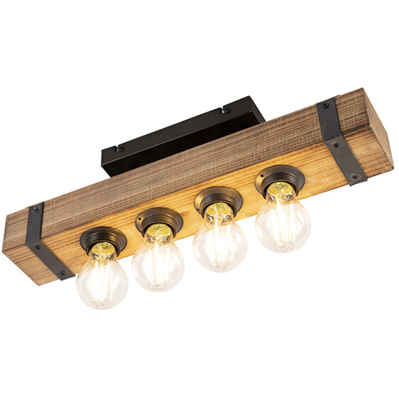 foto del prodotto lampada da soffitto reena industriale legno,acciaio marrone nero oblungo e27 max. 4 x 4.9 watt qazqa