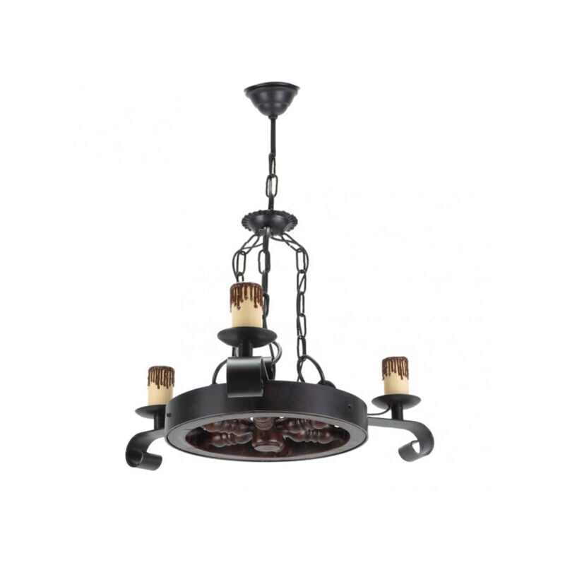 foto del prodotto lampada da soffitto rustica a ruota. 3 luci. 3xe27 60w. misure 50x42 cm.