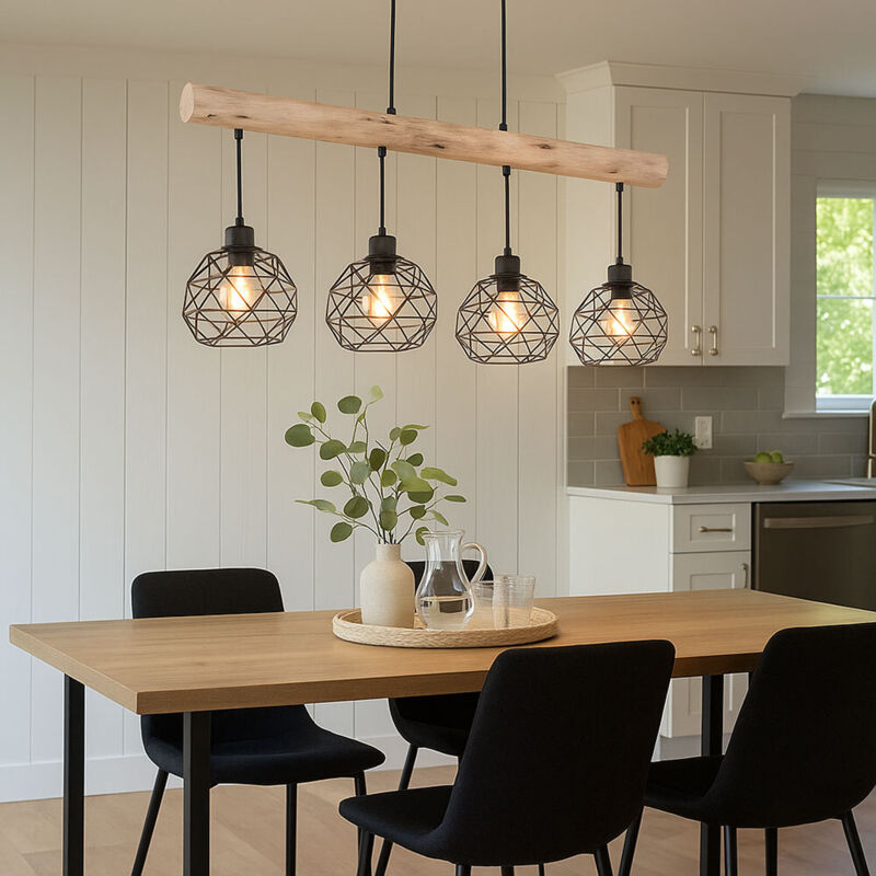 foto del prodotto lampada da soffitto vintage a pendolo in legno con griglia a sospensione nera in un set che include lampadine a led