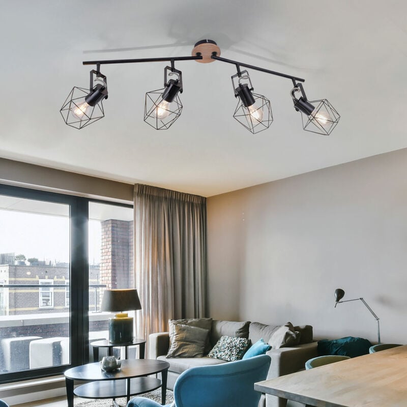 foto del prodotto lampada da soffitto vintage faretto lampada da soggiorno lampada da soffitto retr 4 fiamme, faretti mobili, rete metallica aspetto legno nero, 4
