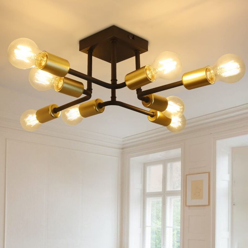 foto del prodotto lampada da soffitto vintage per soggiorno, lampada da soffitto in metallo nero dorato e27, lampadario industriale retr a 8 fiamme per camera da