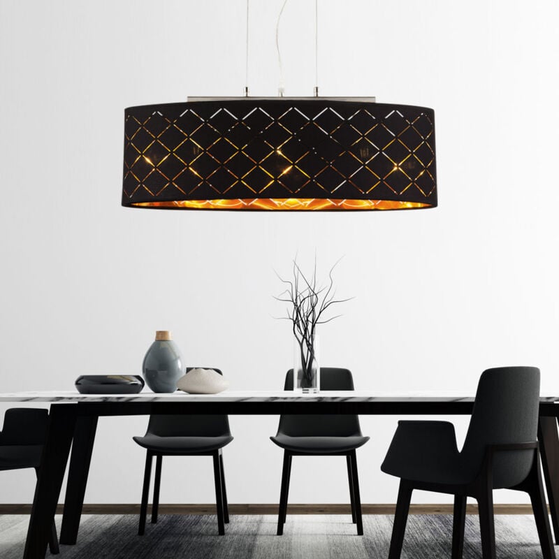 foto del prodotto lampada da soggiorno a sospensione a soffitto per soggiorno lampada a sospensione tavolo da pranzo, 3 perforazioni luminose, metallo tessuto nero