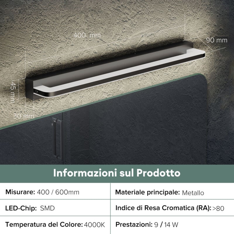 foto del prodotto lampada da specchio a led per bagno, applique specchio illuminazione da parete, luce per trucco, luce naturale nera sabbia, 40cm, 9w, 4000k doporro