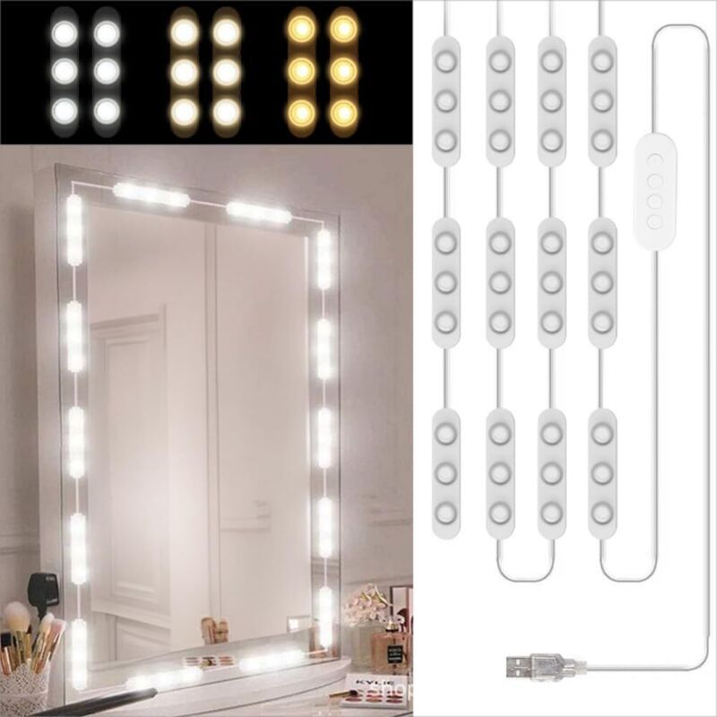 foto del prodotto lampada da specchio per il trucco da 5 m con 60 led, dimmerabile in 3 colori, lampada da trucco, 10 livelli di luminosità, luci per il trucco per specchio da trucco e toletta. - lablanc