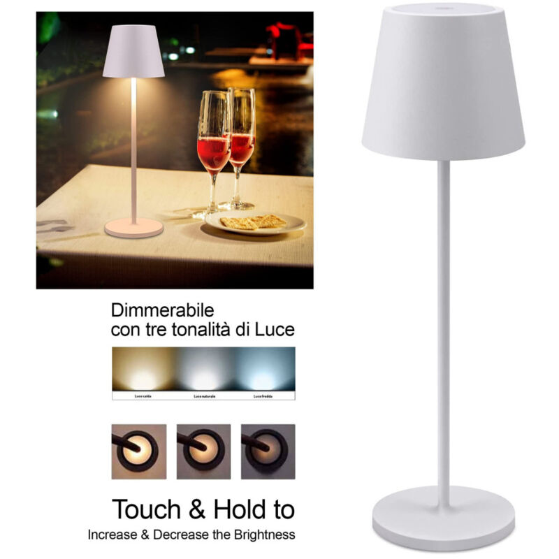 foto del prodotto lampada da tavolo a led con batteria ricaricabile touch dimmerabile 3 colori bar bianco trade shop traesio