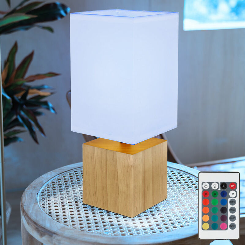 foto del prodotto lampada da tavolo a led dimmerabile con telecomando luce in legno lampada da comodino lampada da tavolo soggiorno lampada da lettura tessuto bianco,
