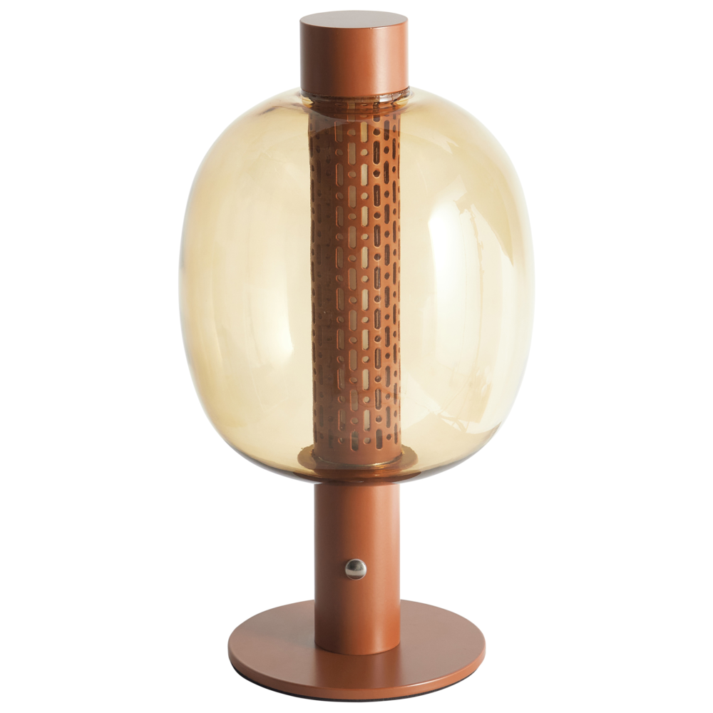 foto del prodotto lampada da tavolo a led in alluminio con paralume in vetro marrone senza fili stile moderno