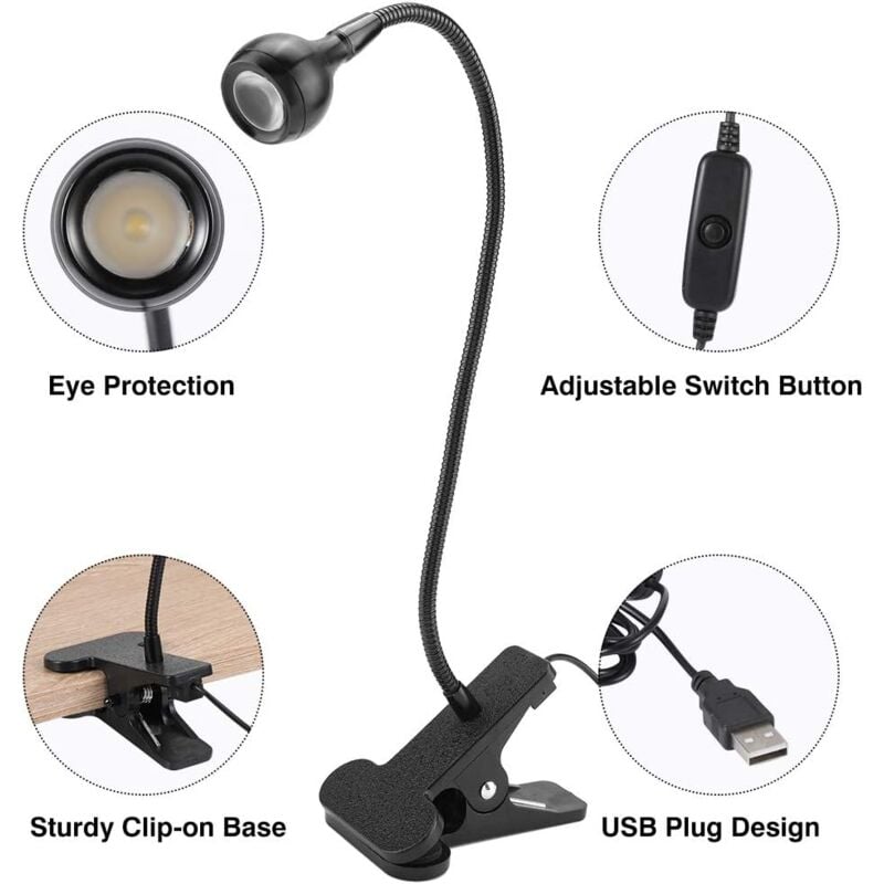 foto del prodotto lampada da tavolo a led usb, lampada da lettura per testiera, lampada da lettura con morsetto e porta batteria