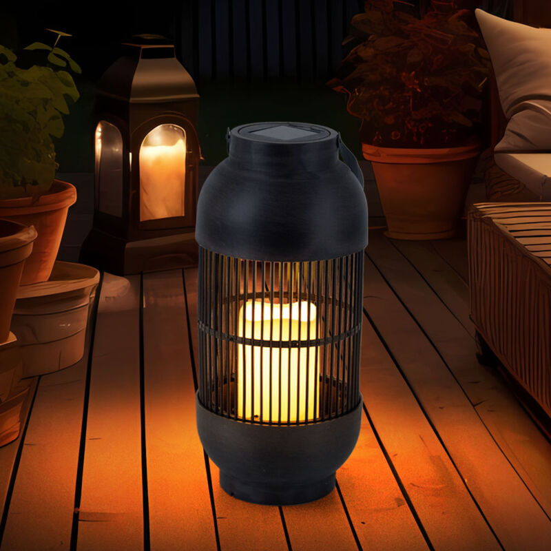 foto del prodotto lampada da tavolo a luce solare lampada da esterno lanterna candela lampada da giardino lampada da terrazza effetto fiamma, plastica nera, batteria,