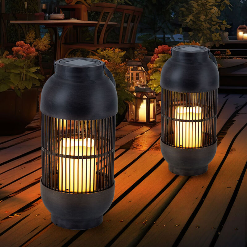 foto del prodotto lampada da tavolo a luce solare lampada da esterno lanterna candela lampada da giardino lampada da terrazza effetto fiamma, plastica nera, batteria,