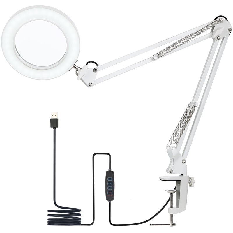 foto del prodotto lampada da tavolo a morsetto, lampada da scrivania, con lente d ingrandimento 8x, braccio oscillante, led dimmerabile, 3 modalit colore, 10 livelli