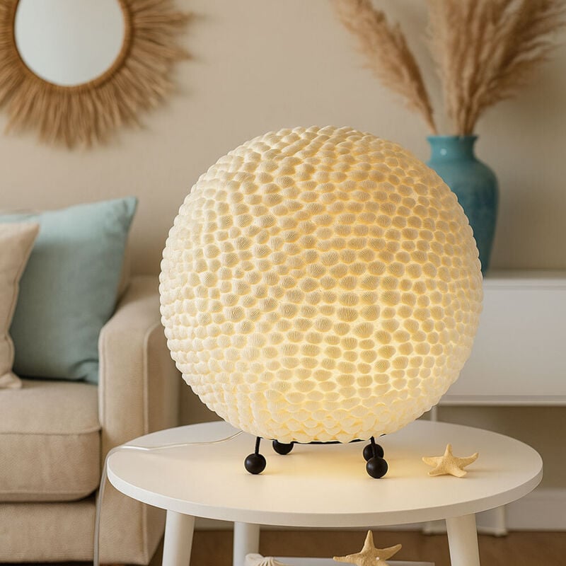 foto del prodotto lampada da tavolo a sfera, lampada da tavolo in metallo bianco effetto conchiglia, 25 cm, soggiorno, sala da pranzo, camera da letto
