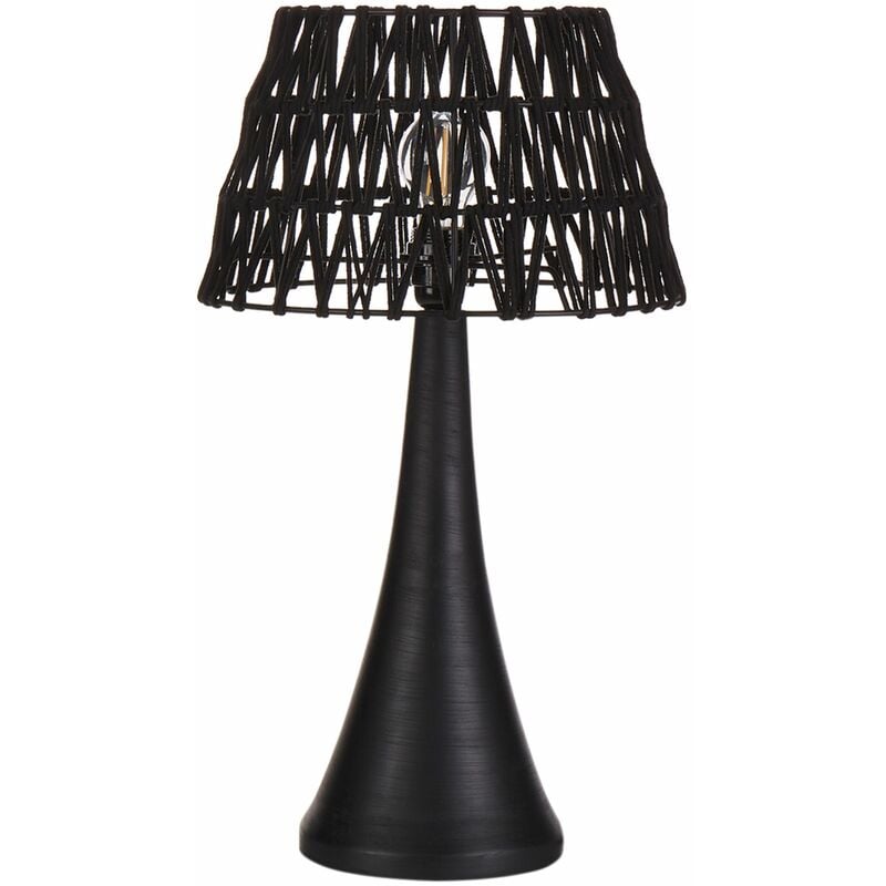 foto del prodotto lampada da tavolo a stelo con paralume in tessuto e base in in metallo nero pellejas