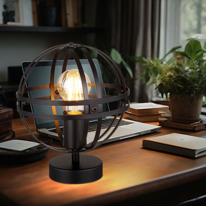 foto del prodotto lampada da tavolo, abat jour, lampada da soggiorno, lampada da comodino design industriale, sfera, metallo, nero, opaco, attacco e27, pxh 20x24,5 cm