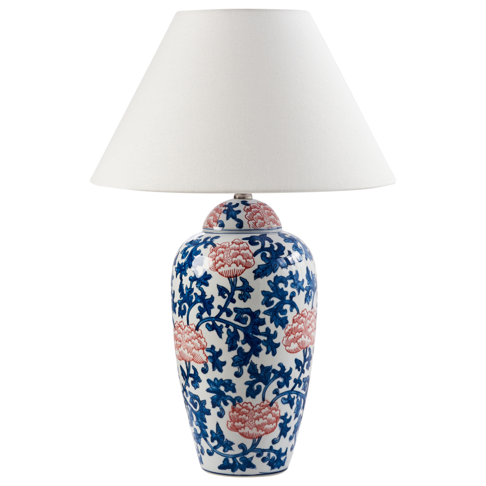 foto del prodotto lampada da tavolo base in porcellana bianca e blu paralume a campana in lino con patten floreale illuminazione elegante