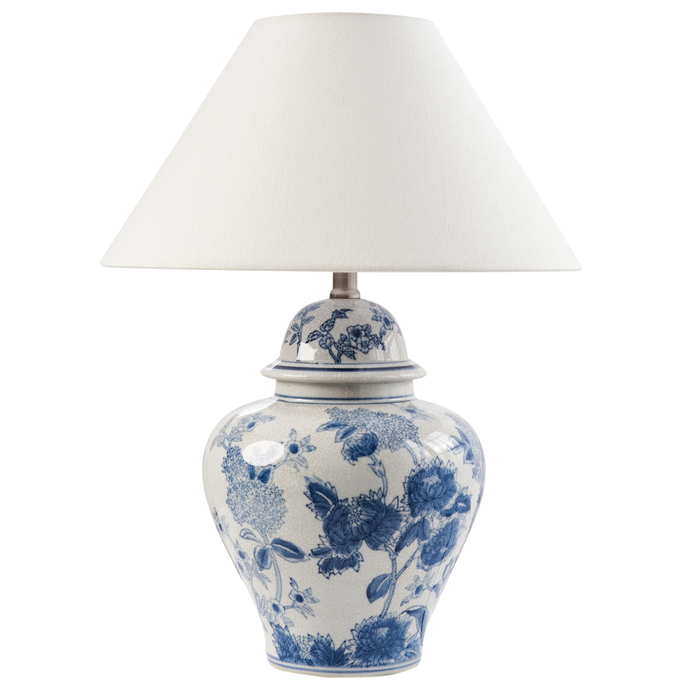foto del prodotto lampada da tavolo base in porcellana bianca e blu paralume a campana in lino con patten floreale illuminazione elegante