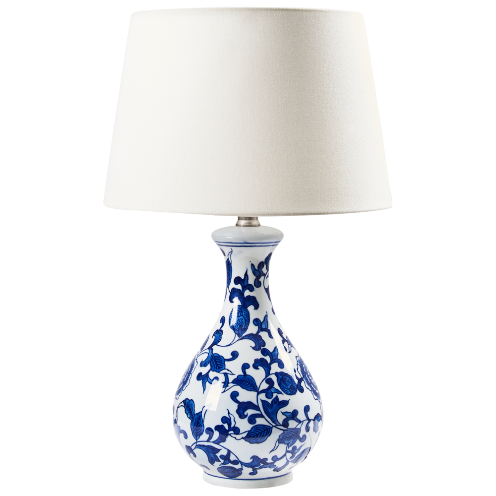 foto del prodotto lampada da tavolo base in porcellana bianca e blu paralume a tamburo in lino con patten floreale illuminazione elegante