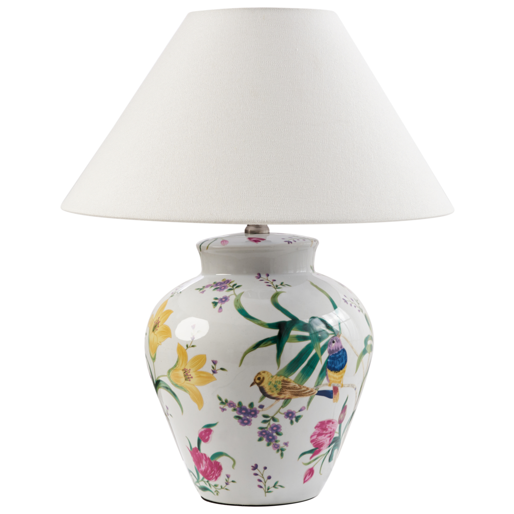 foto del prodotto lampada da tavolo base in porcellana bianca paralume a campana in lino con patten floreale illuminazione elegante