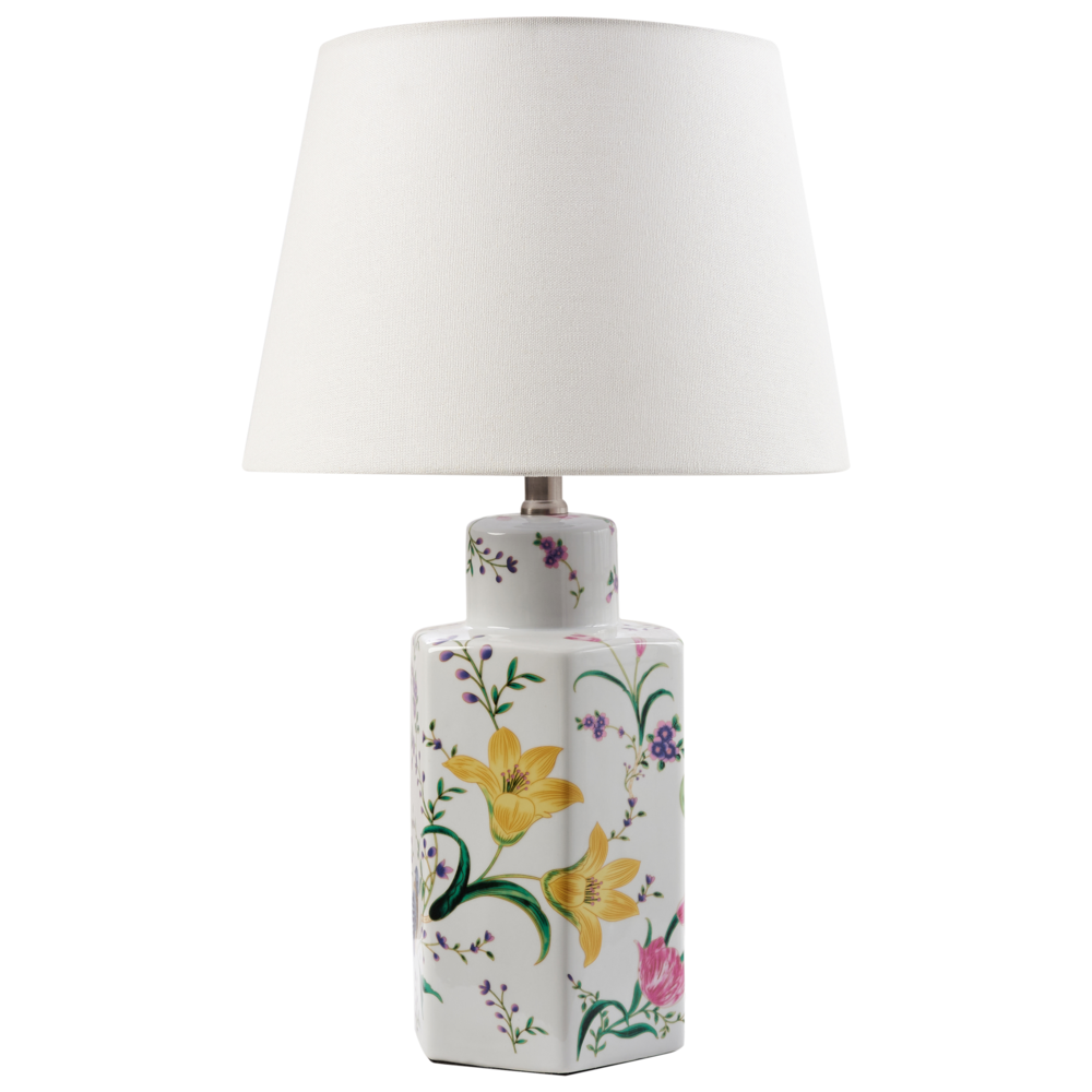 foto del prodotto lampada da tavolo base in porcellana bianca paralume a tamburo in lino con patten floreale illuminazione elegante