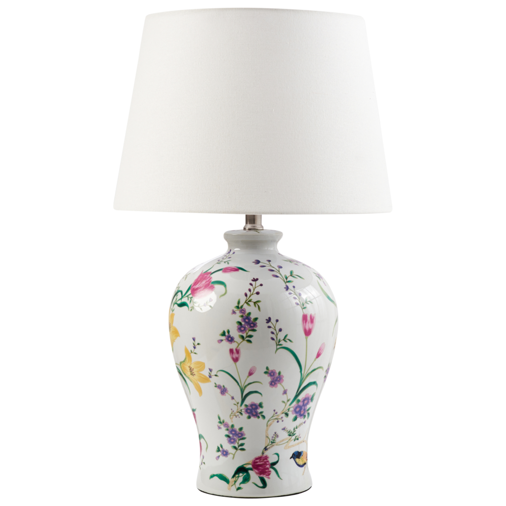 foto del prodotto lampada da tavolo base in porcellana bianca paralume a tamburo in lino con patten floreale illuminazione elegante