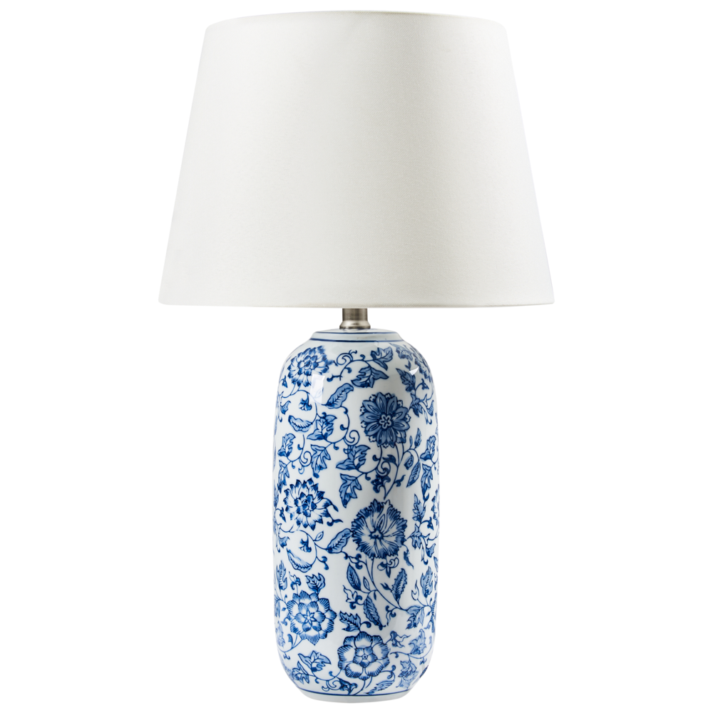 foto del prodotto lampada da tavolo base in porcellana blu e bianca paralume in lino ornato da motivi floreali illuminazione del soggiorno e della camera da letto