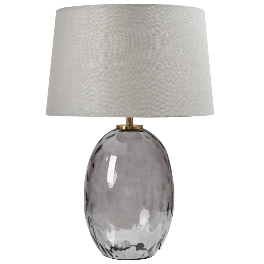 foto del prodotto lampada da tavolo base in vetro fum trasparente e grigio paralume a tamburo in tessuto design moderno