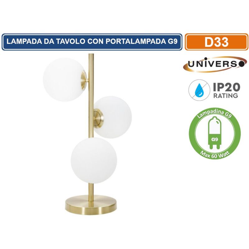 foto del prodotto lampada da tavolo bronzo 3 sfere in metallo e paralume in vetro con attacco g9 max 60w universo