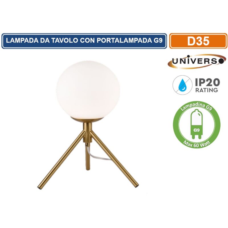 foto del prodotto lampada da tavolo bronzo a sfera in metallo e paralume in vetro con attacco g9 max 60w universo