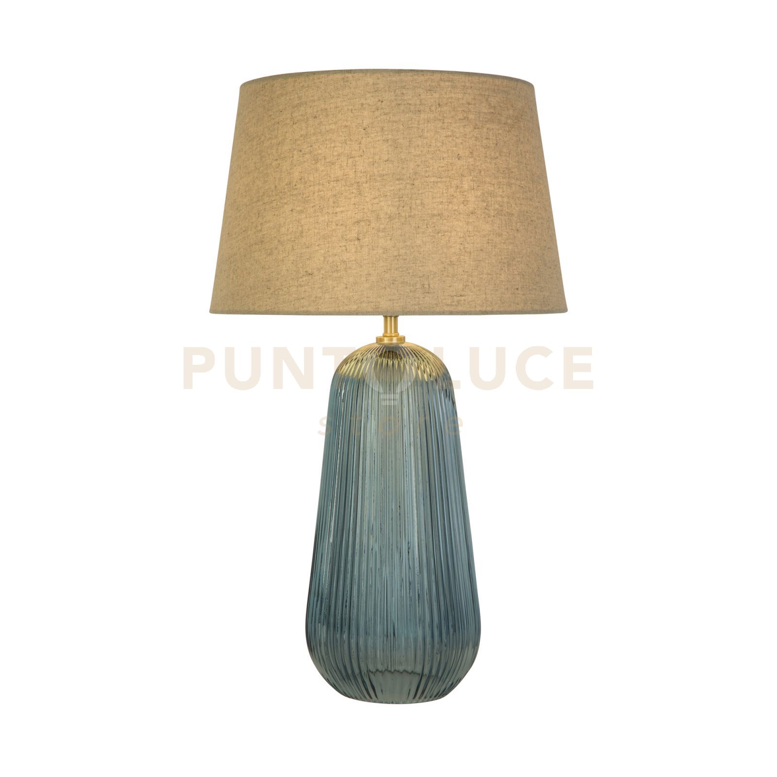 foto del prodotto lampada da tavolo cameo 1lt, vetro blu con paralume in lino naturale
