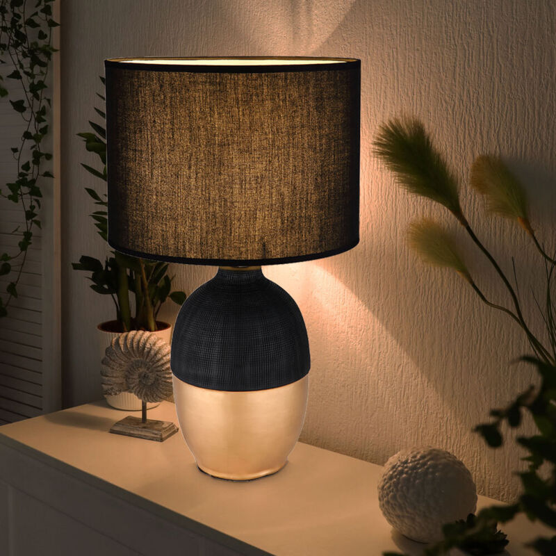 foto del prodotto lampada da tavolo camera da letto luce laterale nera lampada da lettura moderna, luce di design luce notturna paralume in tessuto, ceramica oro, 1x