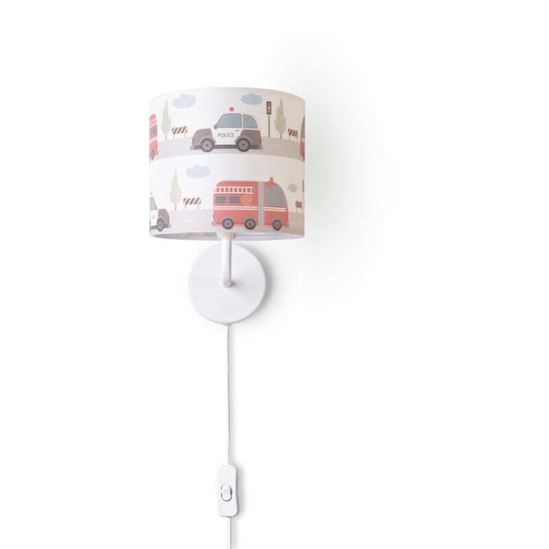 foto del prodotto lampada da tavolo cameretta parete strada pompieri paralume in tessuto rotondo lampada da parete bianca, design 1 18 cm paco home