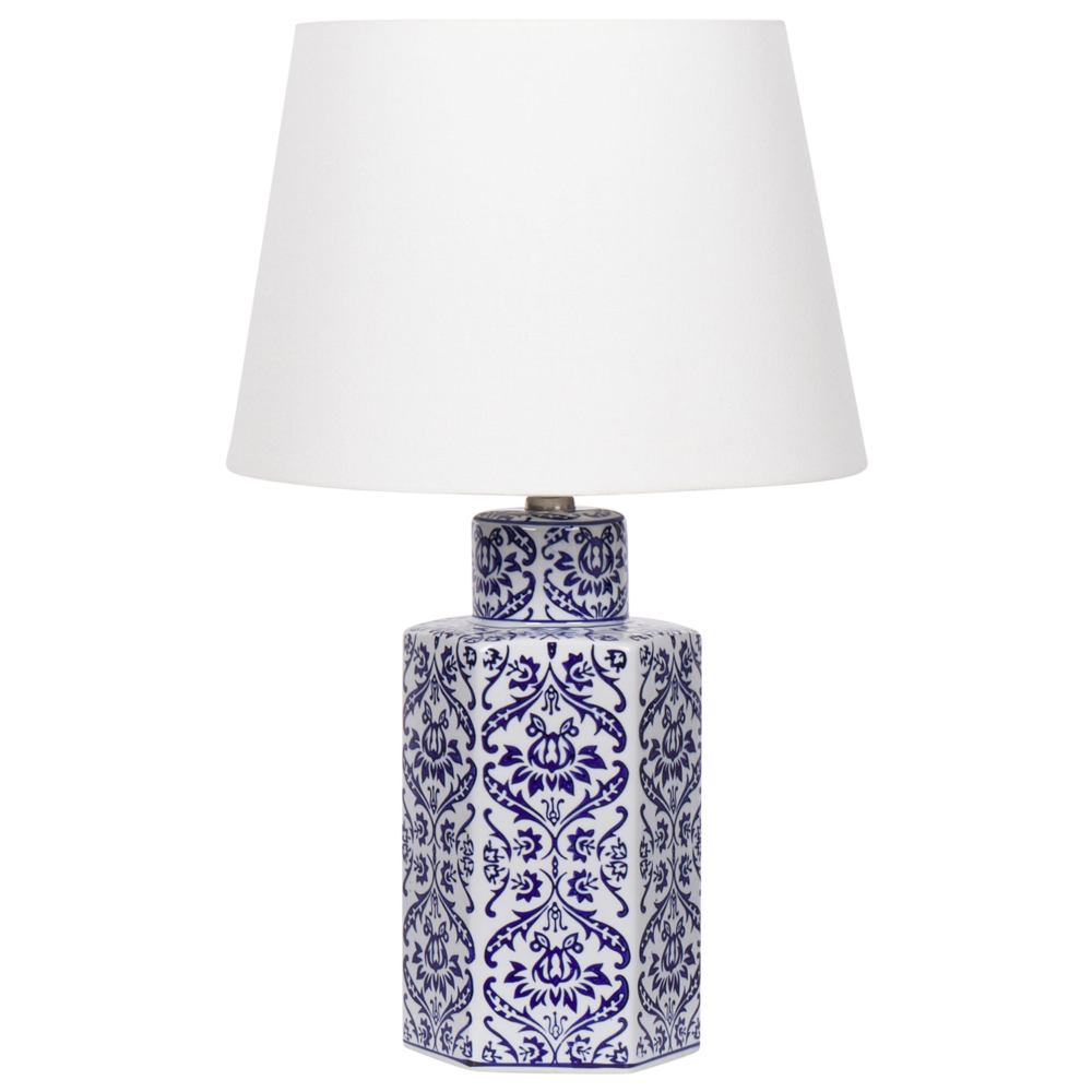 foto del prodotto lampada da tavolo classica con paralume in tessuto di lino base in porcellana bianco e blu 53 cm elegante retrò classico camera da letto soggiorno