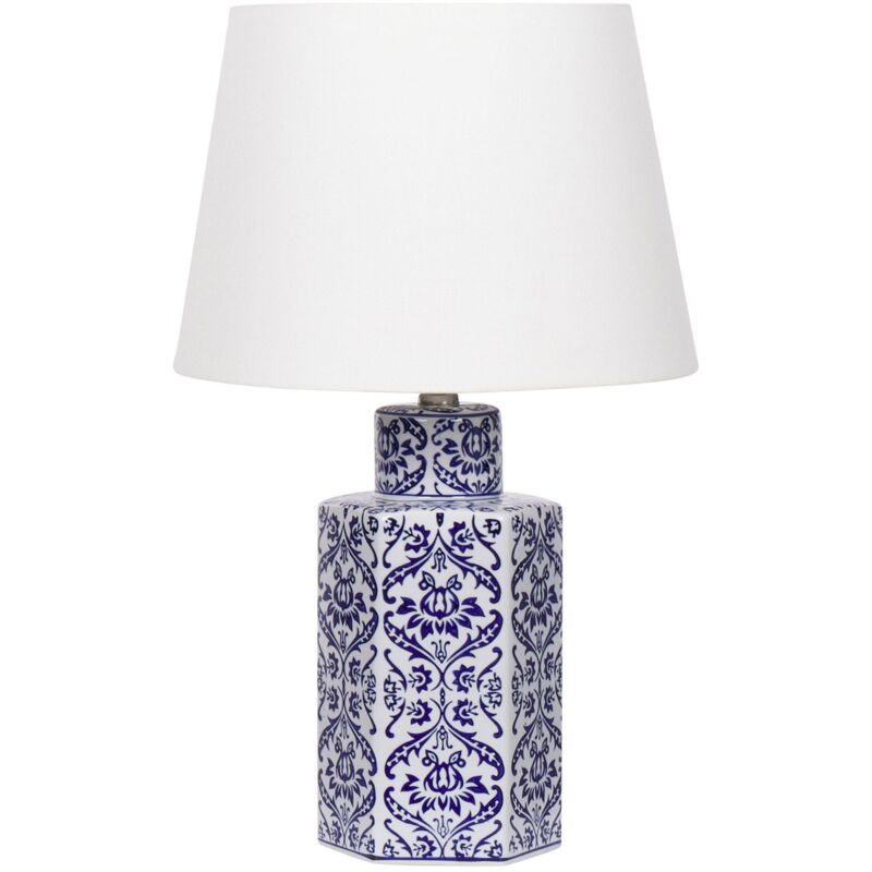 foto del prodotto lampada da tavolo classica con paralume in tessuto di lino base in porcellana bianco e blu 53 cm marcelin